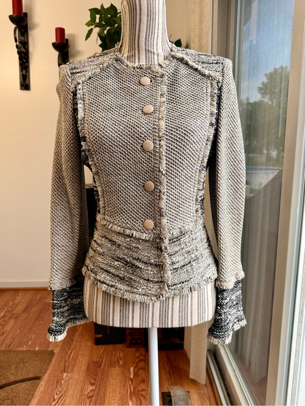 St. John Tweed-Inspired Fringe-Trim Knit Blazer